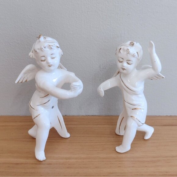 Vintage White Gold Cherub Angel Ceramic Candle Huggers Holders Christmas Holiday - Picture 1 of 6